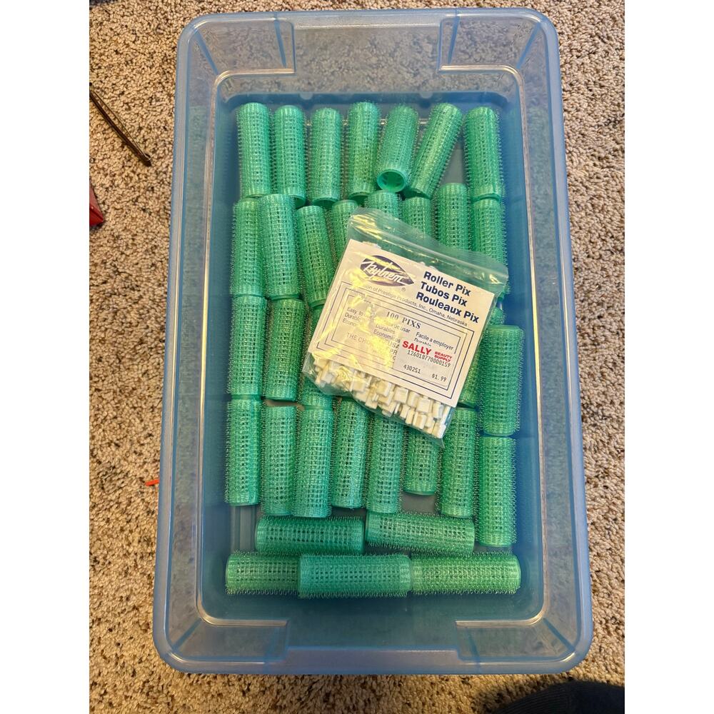 Vintage Hair Rollers Set Green Curlers Roller Pix Pins Retro Salon Styling Lot